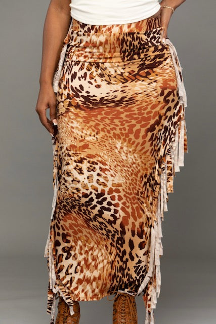 Animal Print Fringe Skirt